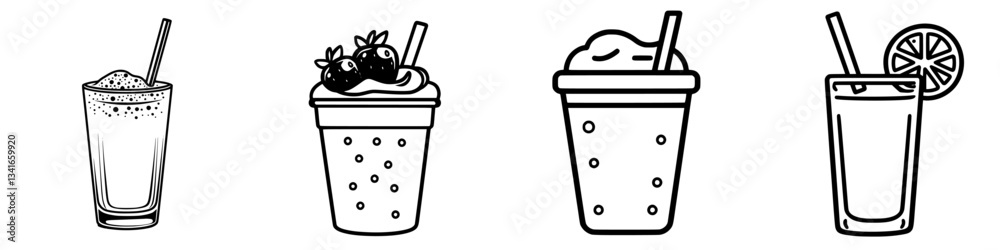 Delicious beverages displayed in four distinct styles highlighting refreshing drinks for summer enjoyment Delicious beverages displayed in four distinct styles highlighting refreshing drinks for summer enjoyment