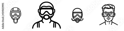 Various types of diving masks and snorkels illustrated for underwater activities and sports enthusiasts