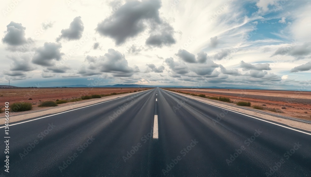 Fototapeta premium Panorama view of asphalt road stretching to horizon under cloudy sky, beautiful, outdoor