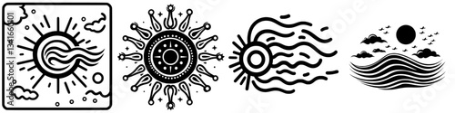 Artistic representations of celestial bodies with stylized sun and waves in a simplistic black and white design
