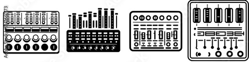Different types of audio mixing consoles displayed in a row, showcasing various designs and features for sound production