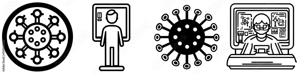 Illustrations depicting virus concepts, digital interaction, and scientific research in a technology-focused environment Illustrations depicting virus concepts, digital interaction, and scientific research in a technology-focused environment