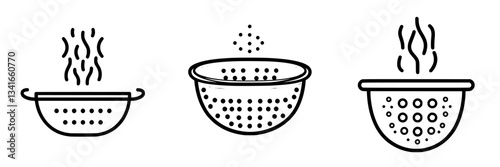 Different types of colanders used for draining and rinsing food items in a kitchen setting
