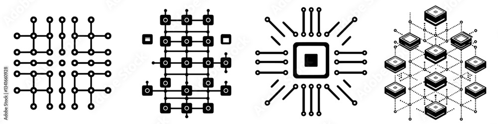Detailed illustrations of circuit designs showing various grid patterns and chip layouts used in electronics development Detailed illustrations of circuit designs showing various grid patterns and chip layouts used in electronics development