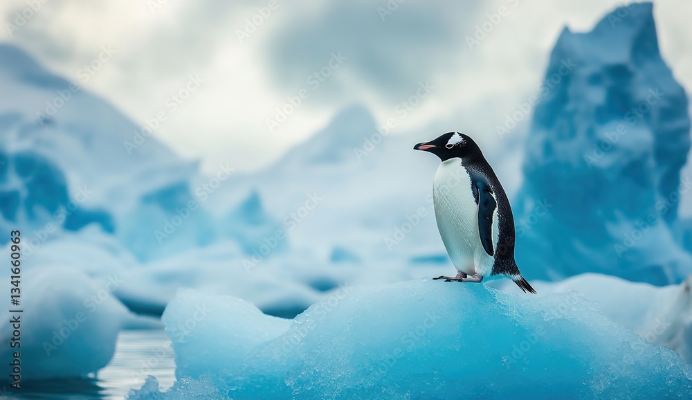 Fototapeta premium A lone penguin standing on a small iceberg in icy blue waters, surrounded by larger icebergs and a cloudy gray sky