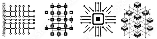 Detailed illustrations of circuit designs showing various grid patterns and chip layouts used in electronics development