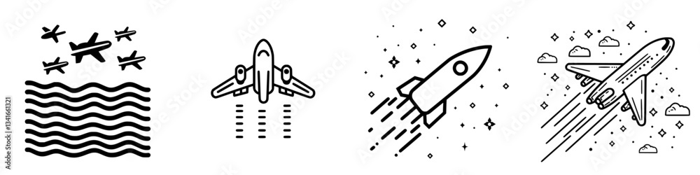 Illustration of various modes of transportation including planes, rockets, and watercraft in a minimalist style