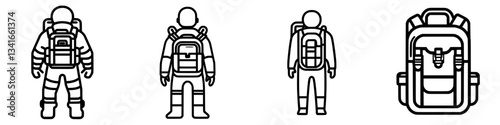 Illustrations of a hiker preparing for an adventure with detailed backpacks showing front and back views