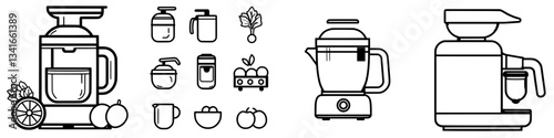 Collection of kitchen appliances including juicers, blenders, and kettles on a minimalist background