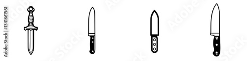 Various types of kitchen knives displayed in a row, showcasing different designs and blade styles used for culinary preparation
