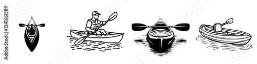 Different types of kayaks and paddlers navigating calm waters during a sunny day