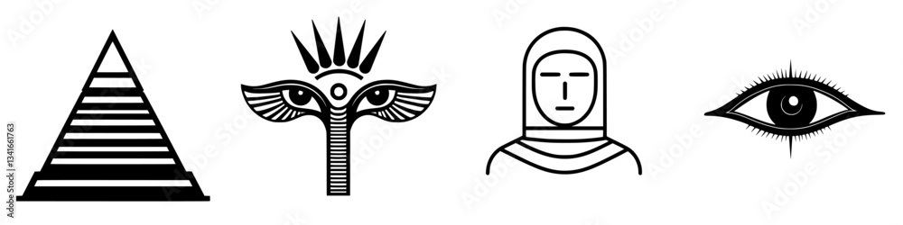Symbols of ancient cultures featuring a pyramid, eye of Horus, humanoid figure, and an eye design