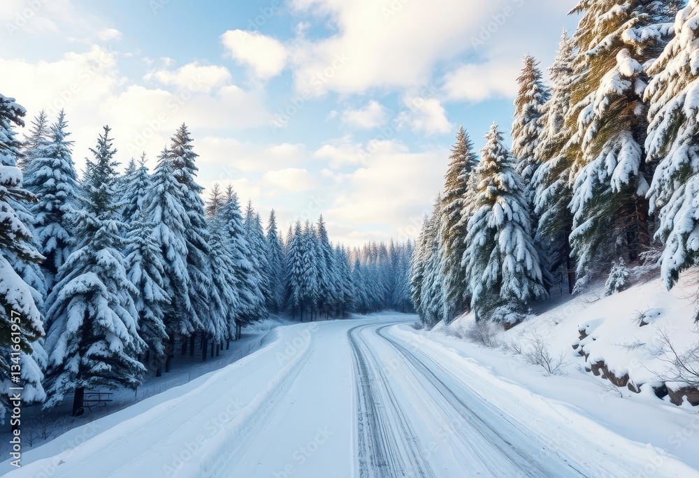 Snowy road winds through a tranquil coniferous forest under a winter sky, deep, sky Snowy road winds through a tranquil coniferous forest under a winter sky, deep, sky