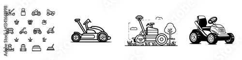 Various lawn care equipment illustrated in black and white, showcasing gardening tools and machines for landscape maintenance