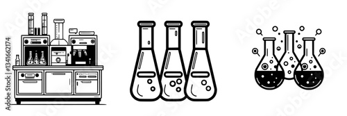 Laboratory equipment showcasing various glass flasks and analytical instruments in a research setting