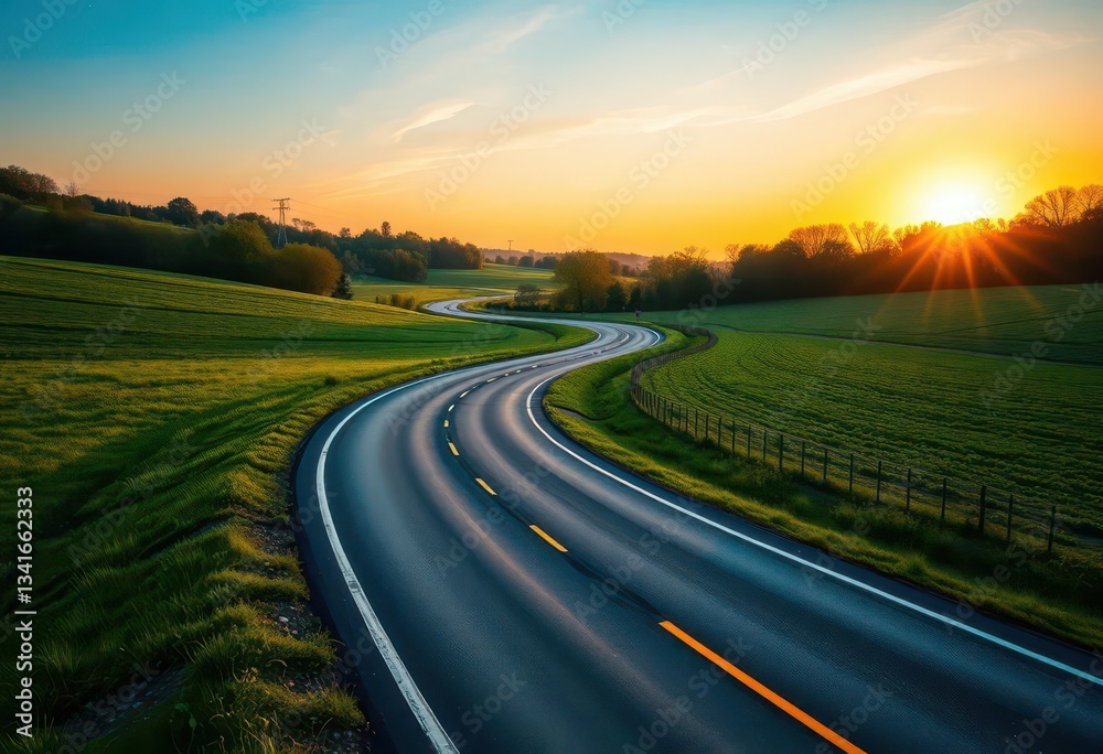 Fototapeta premium Sun-drenched asphalt ribbon winds through verdant spring countryside at sunset, journey, golden hour