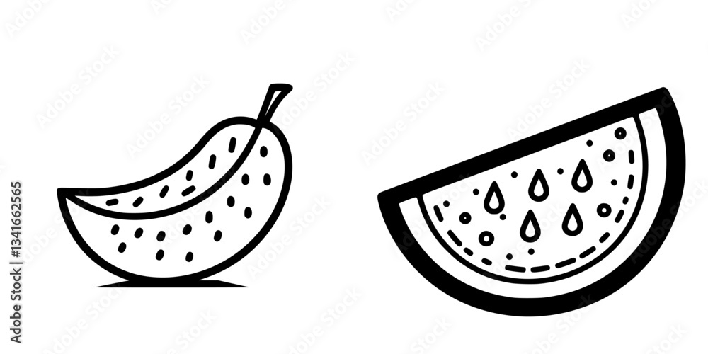 Bright and simple illustrations of a banana and watermelon showcasing fresh fruits ideal for healthy eating Bright and simple illustrations of a banana and watermelon showcasing fresh fruits ideal for healthy eating