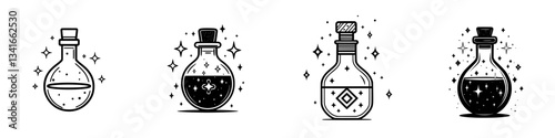 Colorful potion bottles with magical effects displayed on a white background showcasing unique designs and shapes