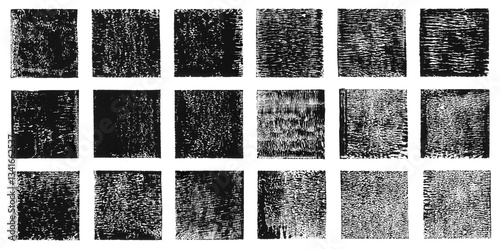 Linocut hand printed small square shapes collection. Grungy textured relief block printing squares, rough scuffed textures set. Lino ink grunge text frames boxes templates. Artistic retro backgrounds