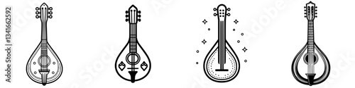 Unique collection of illustrated mandolins showcasing different designs and styles in black and white