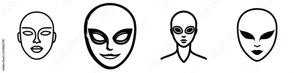 Various representations of alien faces with distinct features and expressions in a minimalist style Various representations of alien faces with distinct features and expressions in a minimalist style