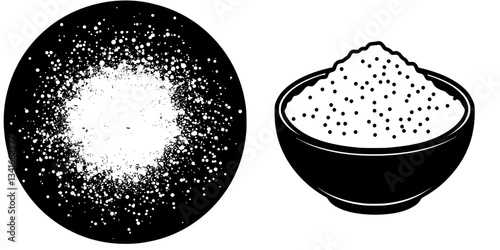 Sugar and flour illustrated side by side on contrasting backgrounds showcasing their textures and culinary uses