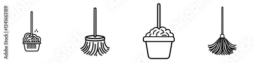 Cleaning tools and supplies illustrated in a minimalistic design on a white background showcasing mops and buckets for various uses