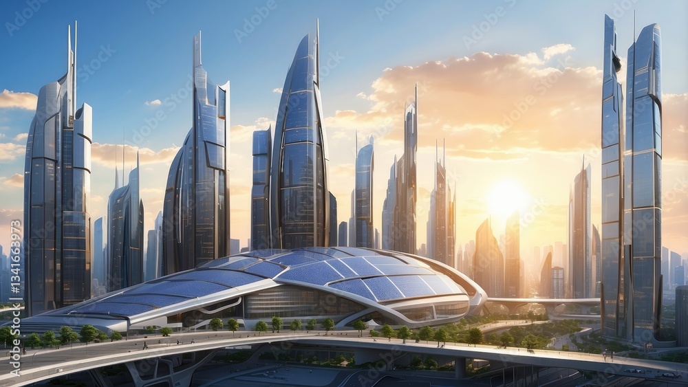 Obraz premium A serene landscape depicting a luminous sunset over a reflective surface of solar panels.
