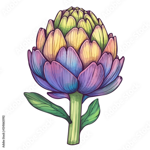 My hand-drawn colorful Artichoke. Trendy abstract minimal style. Natural fresh Dill. Vector illustration isolated on white