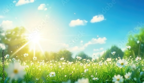 A vibrant meadow filled with white daisies under a bright blue sky, golden sunlight streaming through with lens flares, lush green grass and trees in the background