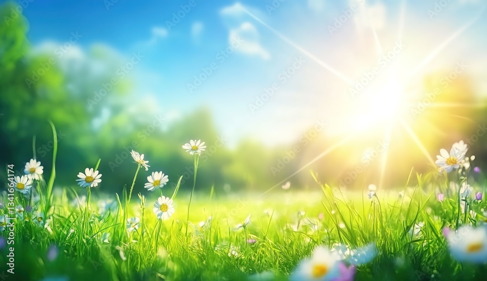 Obraz premium A vibrant meadow filled with white daisies under a bright blue sky, golden sunlight streaming through with lens flares, lush green grass and trees in the background