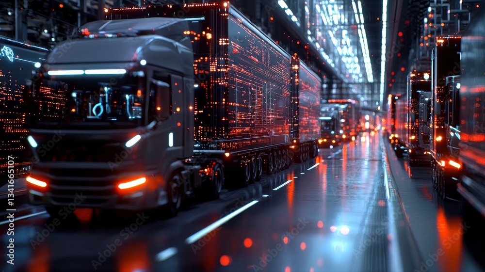 Fototapeta premium AI-driven digital twin simulating logistics efficiency in a global supply chain hub, futuristic visualization