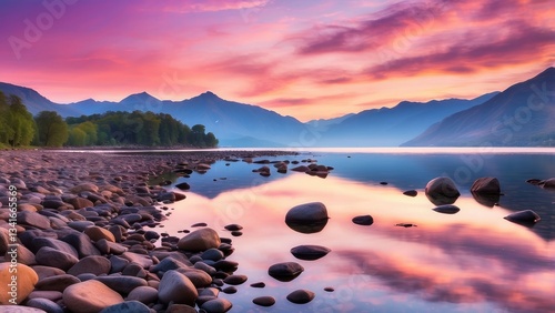 A panoramic view of a tranquil lake at twilight,