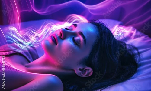 Serene Sleep: A Woman's Peaceful Rest Under Neon Waves