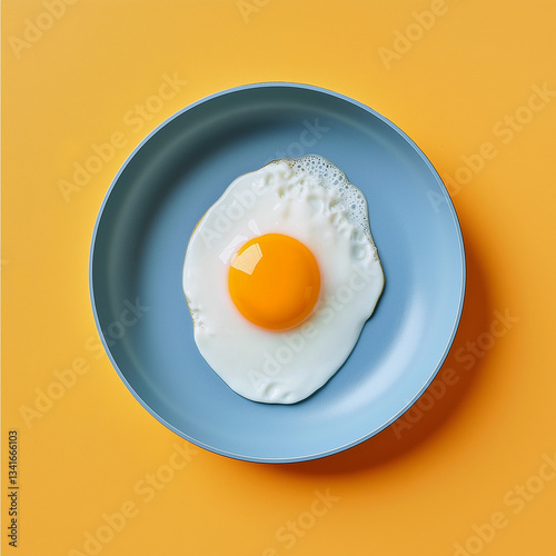 Fried egg on a blue plate on yellow background. Top view. 
