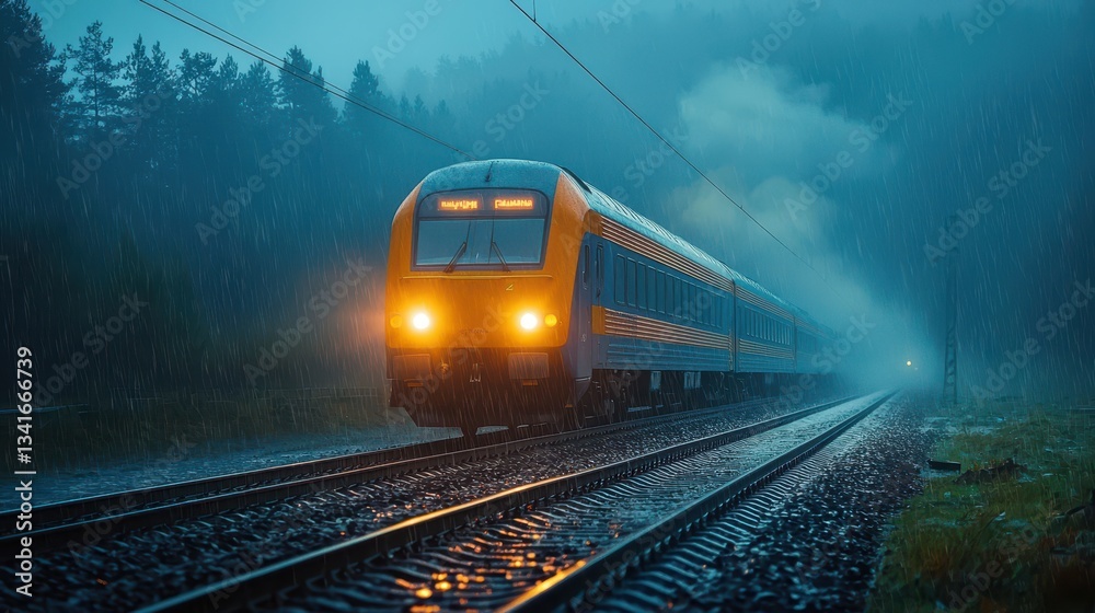 Naklejka premium Commuter Train Traveling Through Rainy Landscape in Gloomy Weather