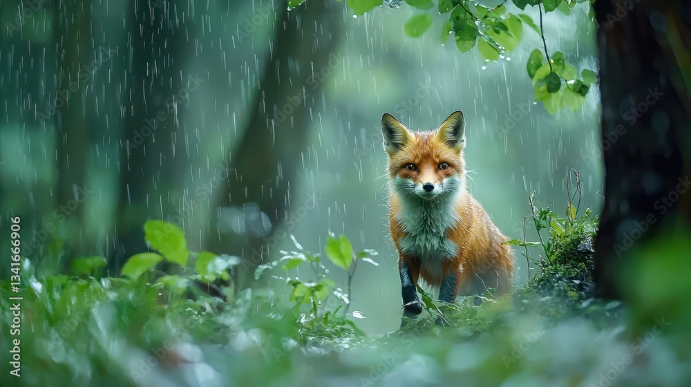 Fototapeta premium Fox in Rainy Forest Under Soft Green Light and Falling Raindrops