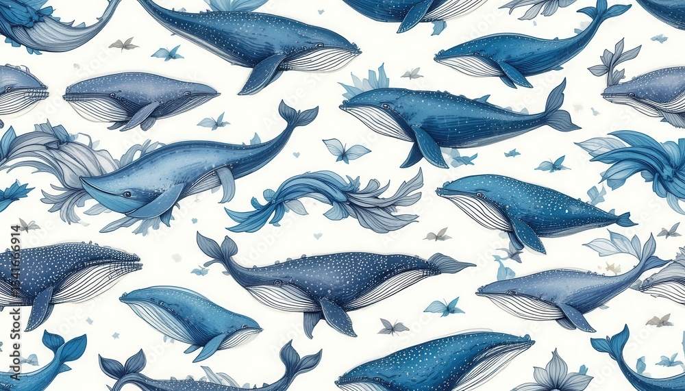 Fototapeta premium Whales swimming gracefully ocean illustration marine environment aerial view nature concept