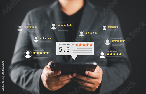 Business Professional Analyzing Customer Reviews. Five-Star Rating and Positive Feedback on Digital Tablet for Corporate Success, Customer review. photo