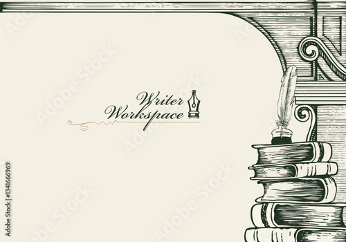 Vector banner on writers theme with sketches and space for text. Writer's workplace. Vintage illustration with hand drawn books, vintage architecture, arch and ink pen or bird feather