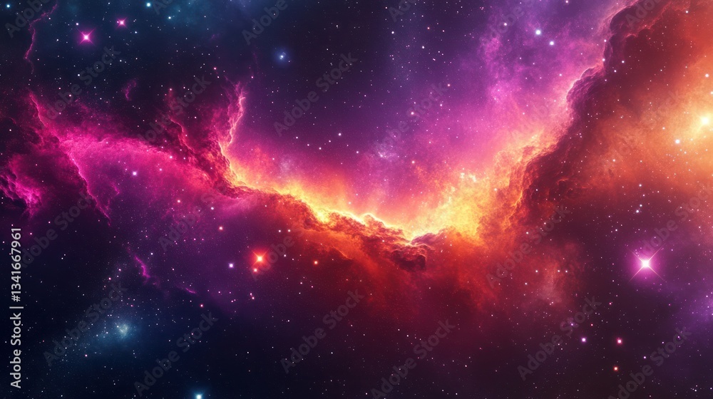 Obraz premium A dreamlike cosmic landscape of an otherworldly galaxy with vibrant pink and orange auroras stretching across spac