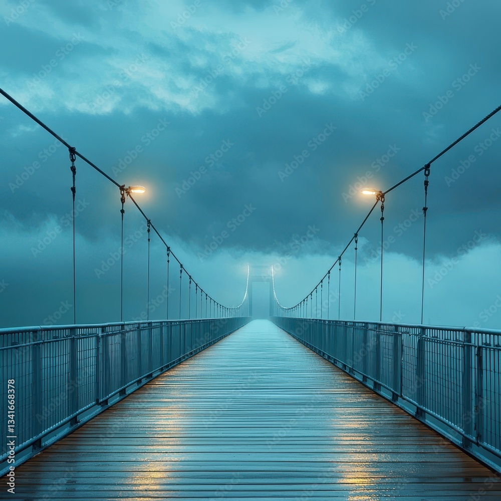Obraz premium Misty Bridge Over Water with Dramatic Clouds and Evening Lights