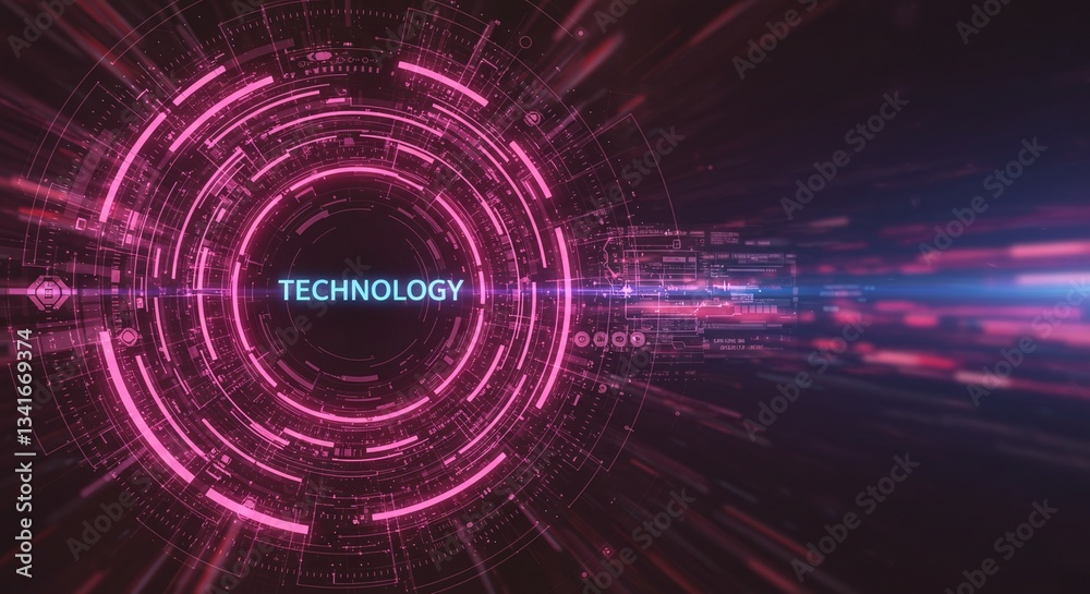 Obraz premium Innovation at Core: Futuristic digital interface with 'Technology' text, neon rings, glowing lines on a dark background, symbolizing innovation. 