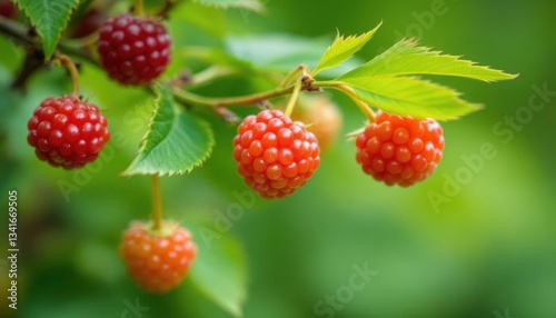 A close-up photograph of ripe raspberries growing on a bush. The image showcases several berries in various stages of ripeness, from bright orange to deep red. 