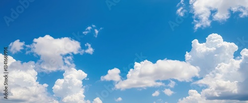 Fluffy white cumulus clouds scattered across a vibrant blue sky, texture, puffy