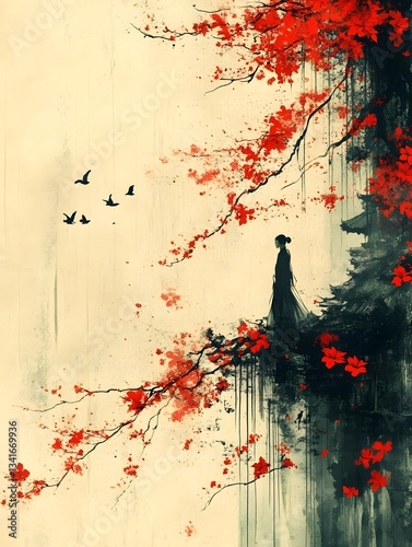 Harmony of Nature: A solitary figure finds solace amidst a breathtaking vista of red blossoms and flowing lines, a tribute to the artistic elegance of Japan and China.