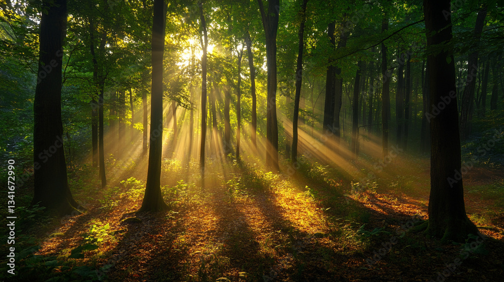 Fototapeta premium Sunlight filters through the thick canopy, casting golden patterns on the forest floor.