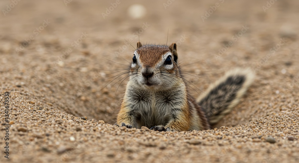 Fototapeta premium Curious Desert Chipmunk in Sand - A chipmunk peeks out of its sand burrow, looking directly at the camera. Its fur is light brown and gray