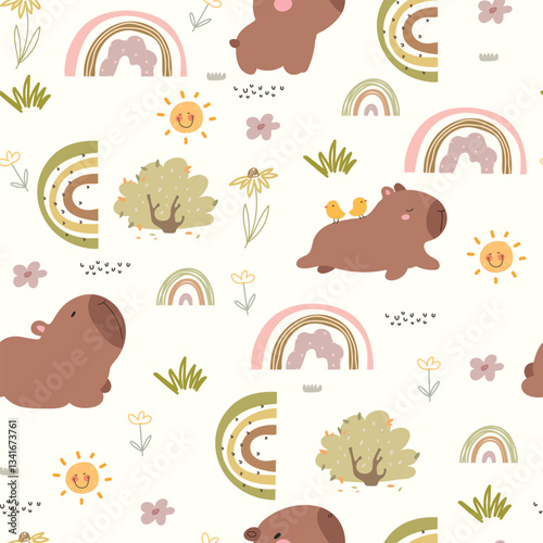 Seamless pattern with capybara and rainbows . Hand drawn animals and flowers.	
