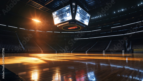 Empty basketball arena shining with spotlights and scoreboard displaying results